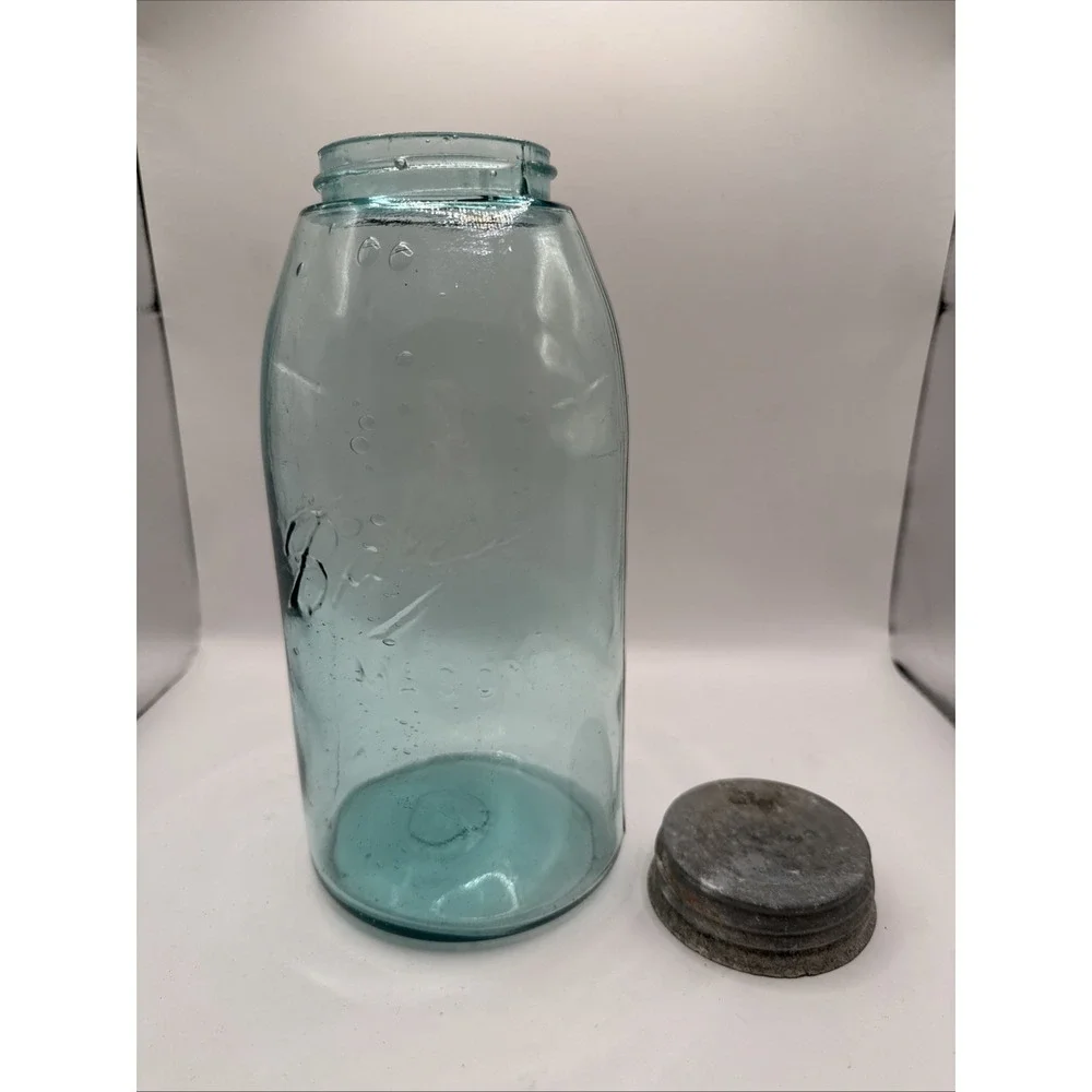Vtg Blue Green Ball Perfect Mason Half Gallon Jar Zinc Lid Insert IV BUBBLES #12